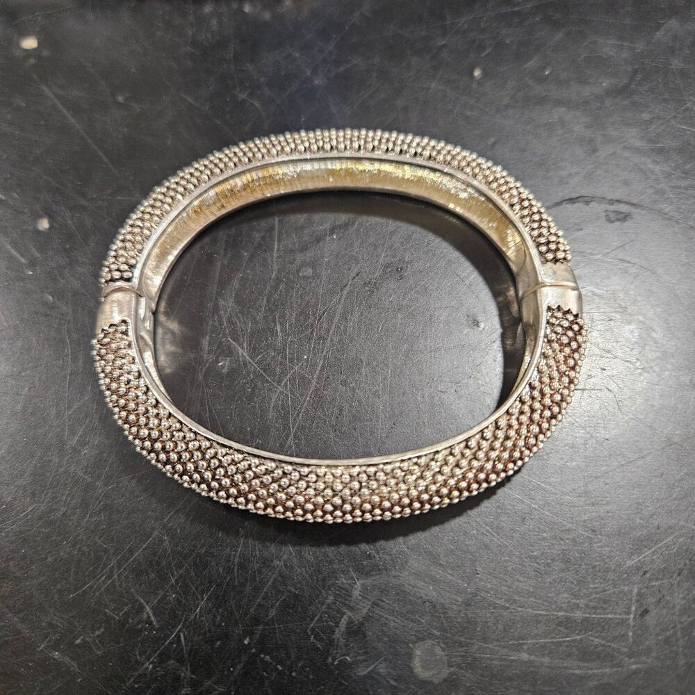 Vintage Silver-Tone Textured Hinged Bangle Bracelet - Size 6 Inches